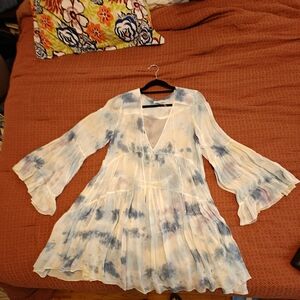 Young Fabulous & Broke White Tie-Dye Beach Coverup with Blue Accents.
